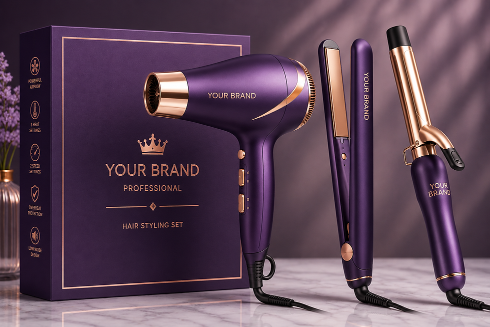 थंबनेल: Purple and gold professional hair styling set with box.