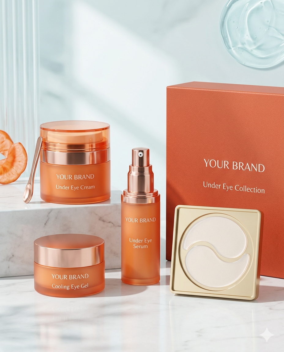 縮圖：Luxury private label under eye skincare collection in orange packaging.