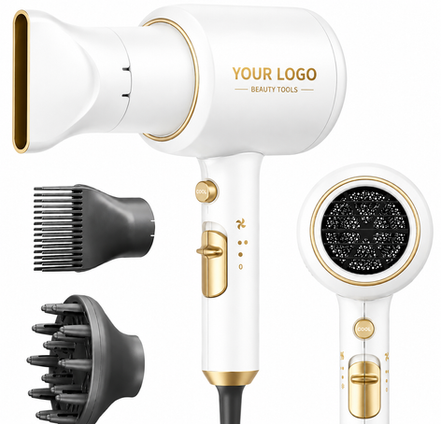 White and gold hair dryer with comb and diffuser attachments