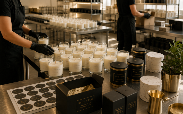 Workers packaging candles in a factory