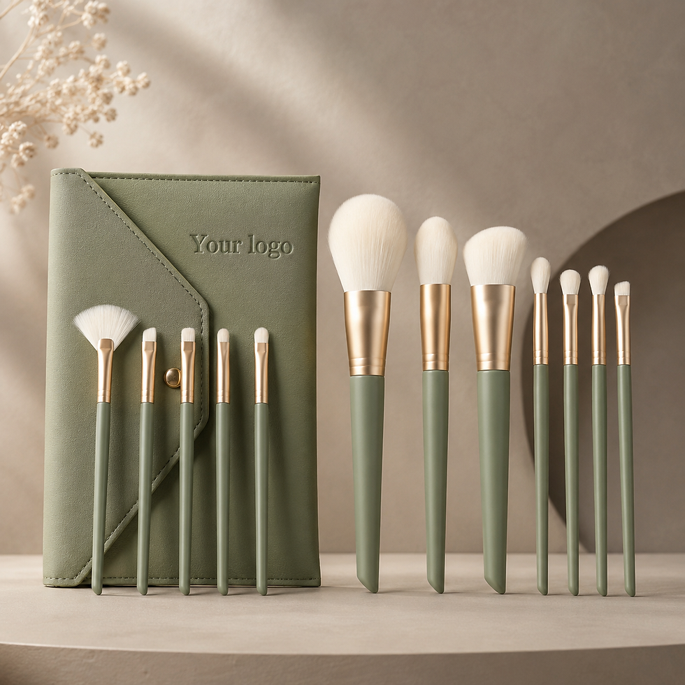 Miniatura: Private label luxury makeup brush set with green handles.