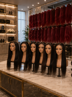 Wigs on mannequins and various hair extensions on display