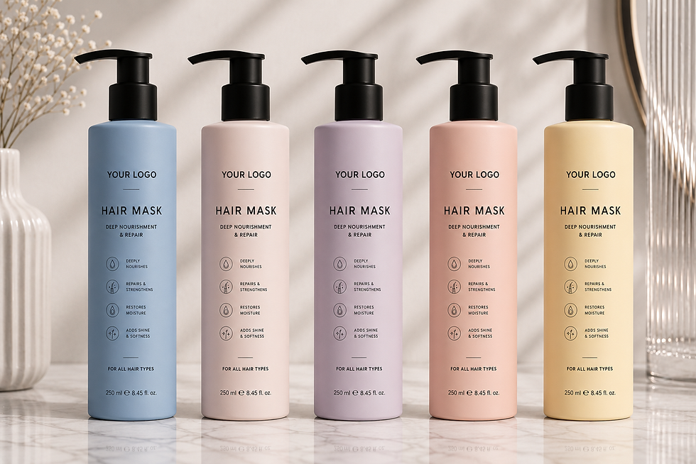 थंबनेल: Five colorful private label hair mask pump bottles.