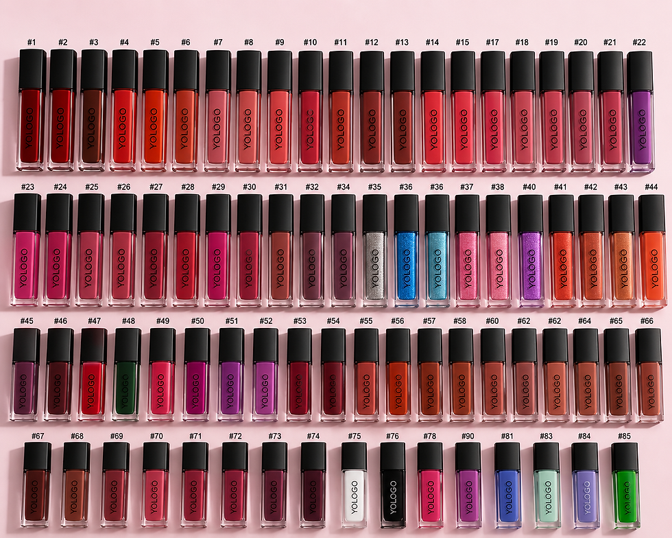 थंबनेल: Rows of private label luxury liquid lipsticks in various shades