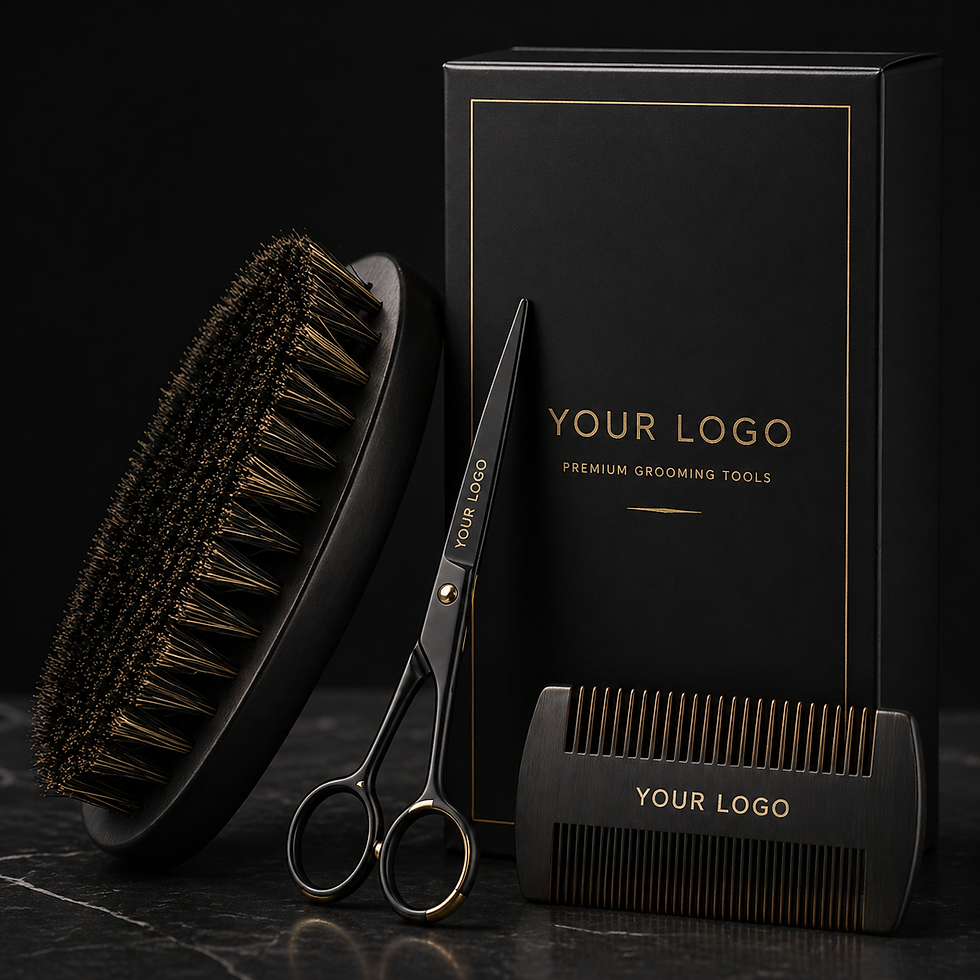 Thumbnail: Beard and hair care set with brush, scissors, and comb.