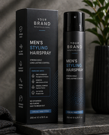 Men's styling hairspray bottle and box packaging
