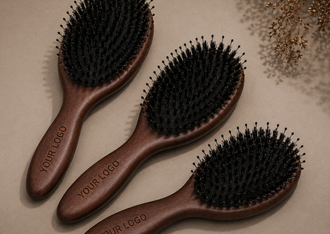 Three oval wooden hairbrushes with black bristles, 'YOUR LOGO'