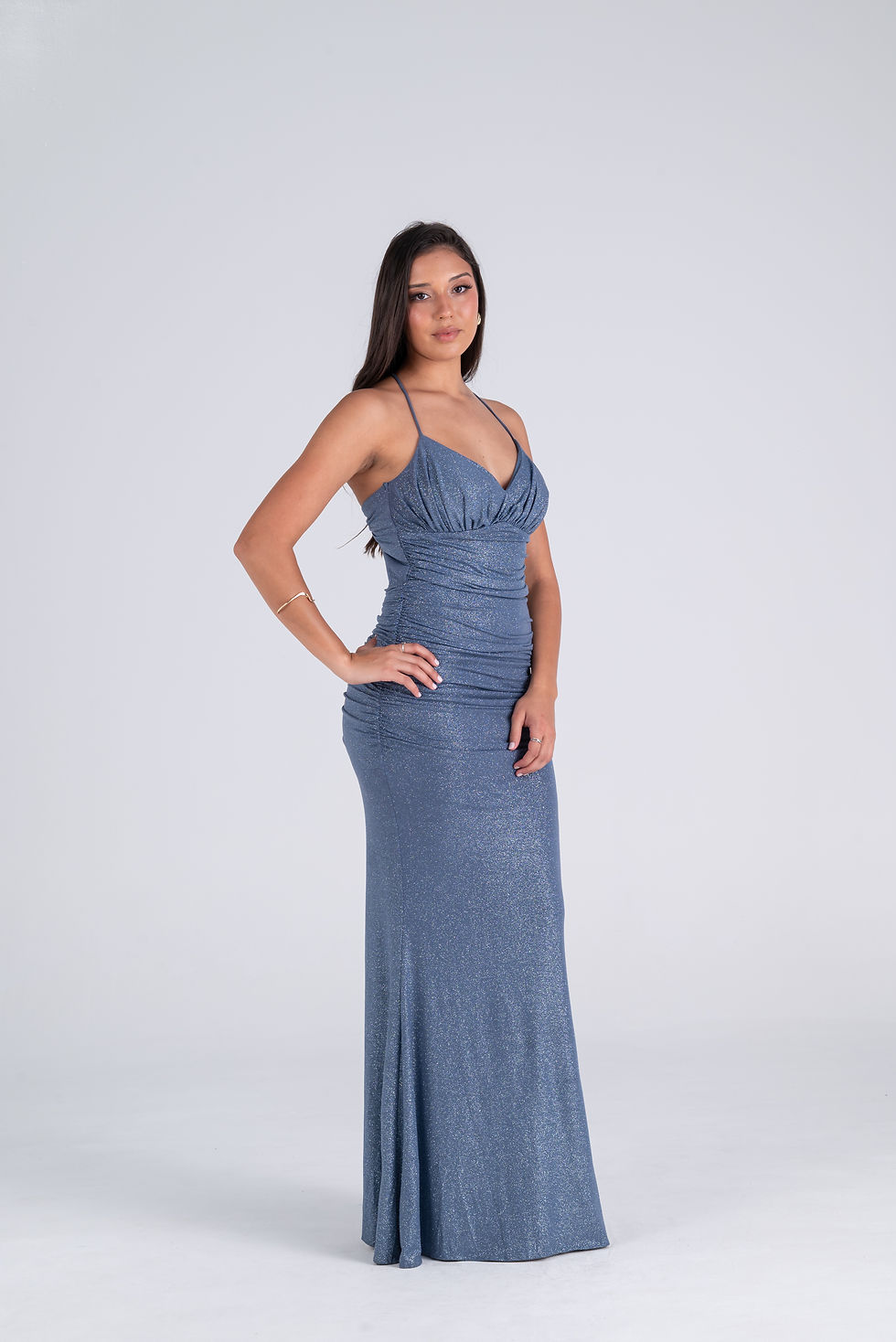 Miniatura: Vestido celeste de glitter con espalda cruzada y drapeado 524
