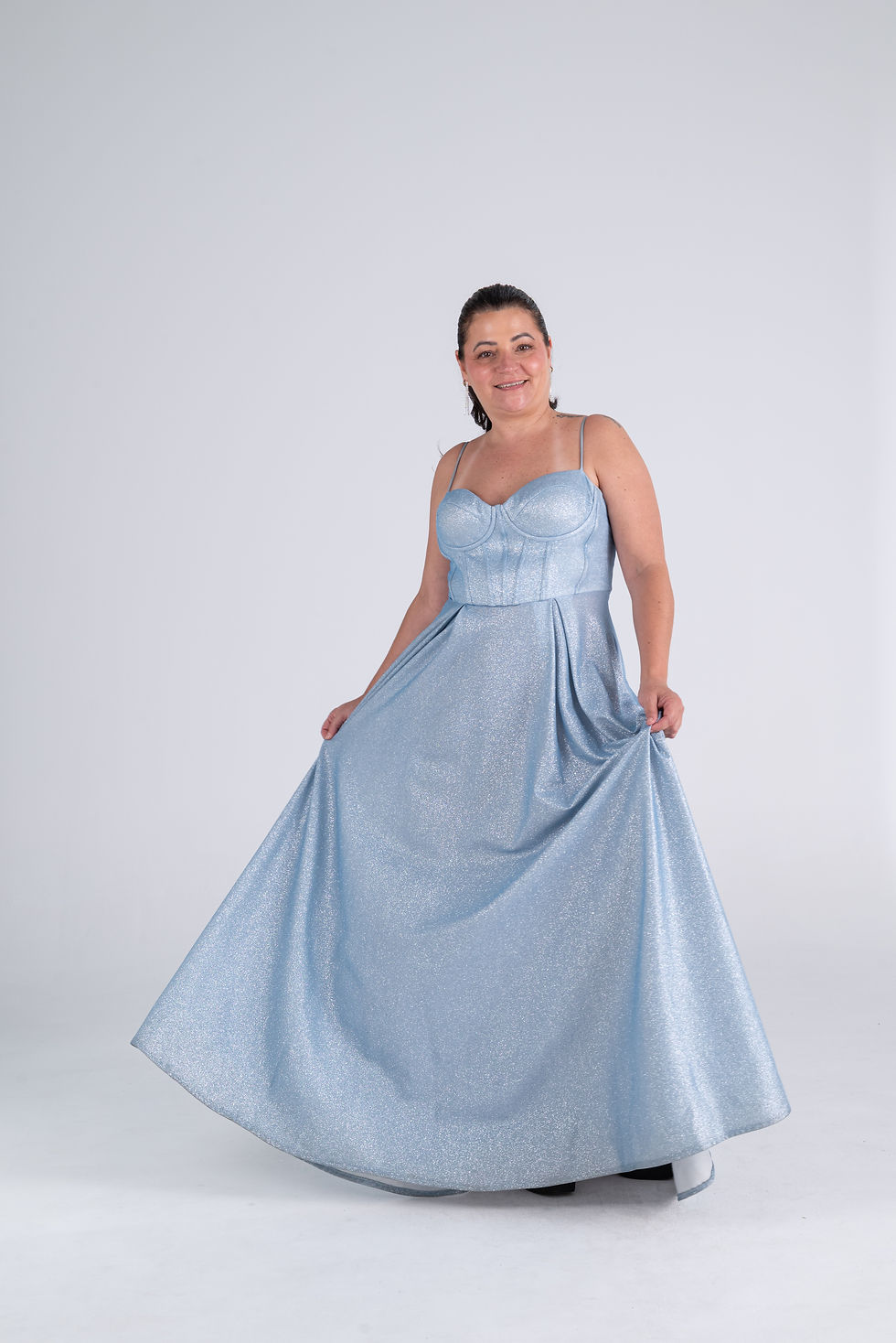 Miniatura: Vestido celeste de glitter con corset y espalda cruzada 270