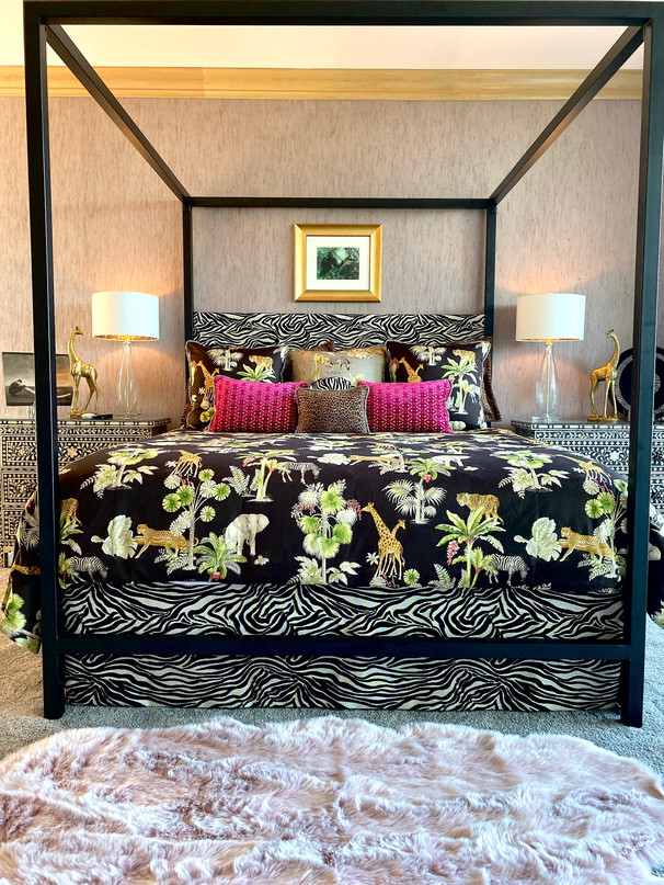 out of africa, bedroom design, animal prints, four poster bed, zebra print, bone inlay, luxury design, las vegas designer