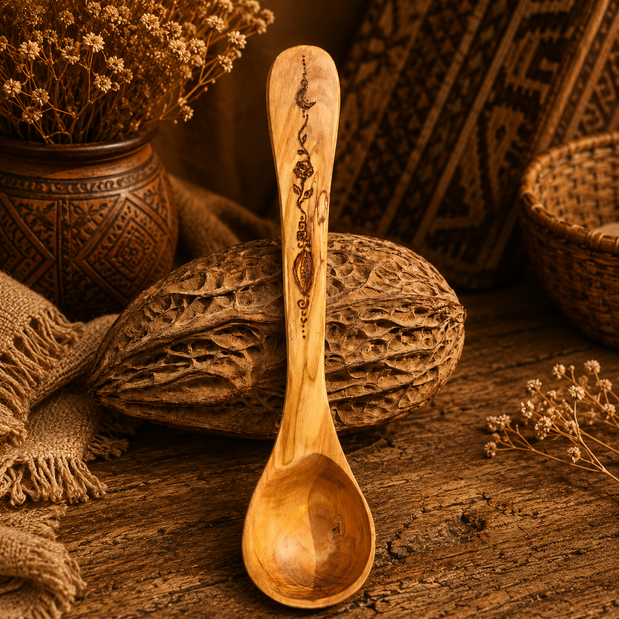 Grande cuillère en bois d'olivier motifs Cacao & Rosa
