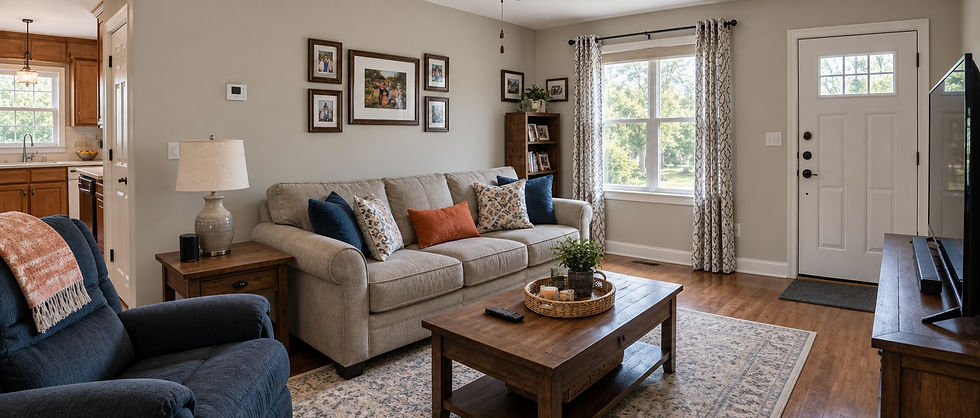 Living room preview with a sofa, reading lamp, window shade and television from the Interactive Smart Home Builder.