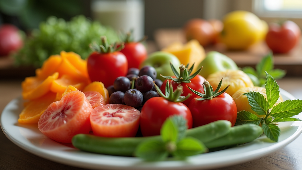 Close-up view of a colorful plate filled with fresh fruits and vegetables