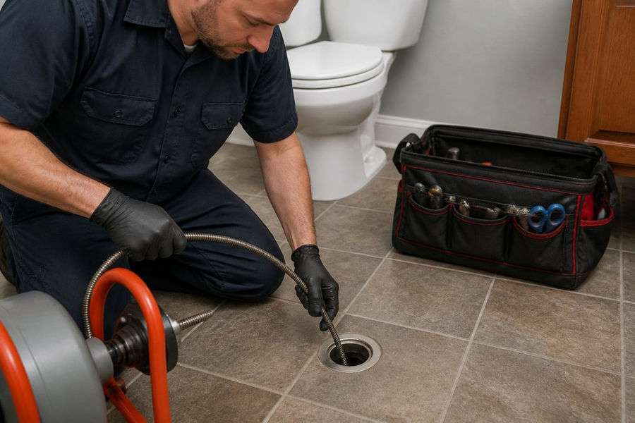 A licensed plumber in a dark work uniform feeding a metal drain auger cable into a bathroom floor drain, with an open tool bag visible on the tile floor in the background under bright overhead lighting