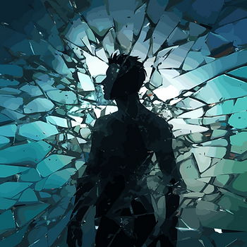 As the person undergoes a transformation, the glass cracks and shatters.