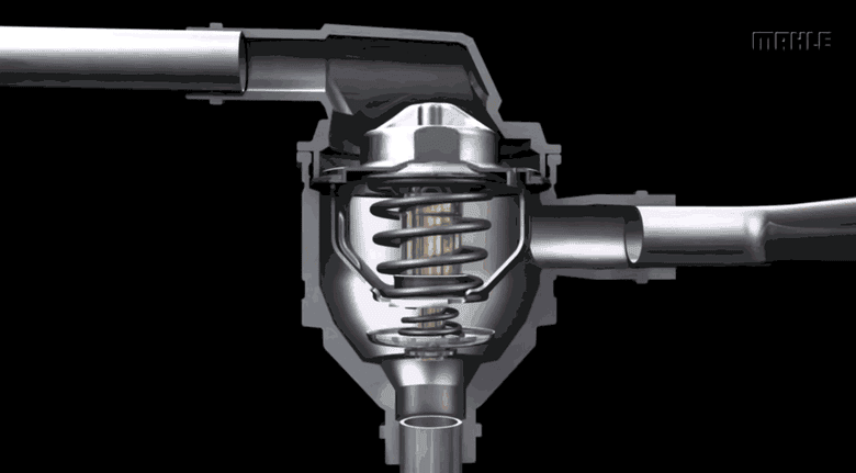 Animated cutaway of a metallic car thermostat in action, showing spring and valve movement. Black background with "MAHLE" text in the corner.