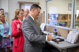 Representative Steve Smyk (R-Milton) files for Senate District 6 at the Election Department in Georgetown.
