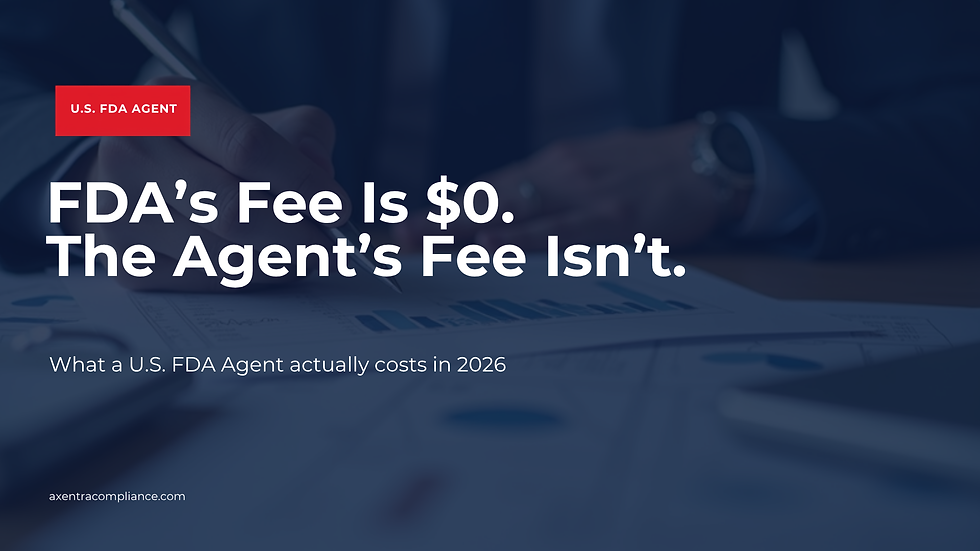 Regulatory professional reviewing an FDA facility registration fee breakdown on a desk — FDA charges no food facility registration fee; the U.S. Agent's fee is separate