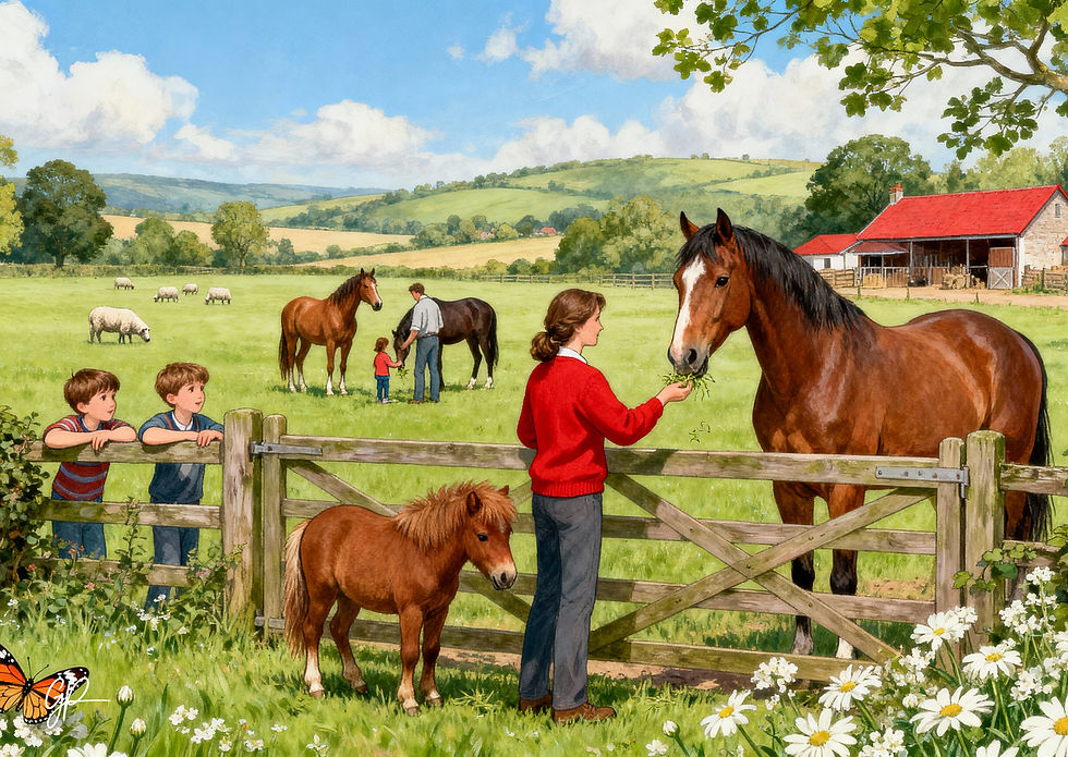 Horses in a field receive tasty treats