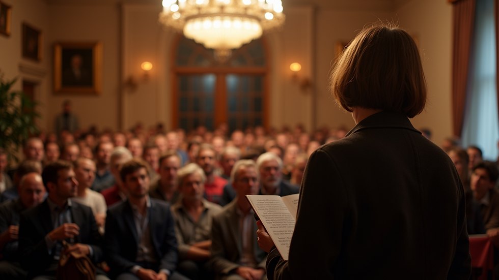 Wide-angle view of a poetry reading event with an audience engaged