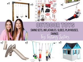 Guide filled with 35 outdoor toys like swingsets, slides, bounce houses, trampolines, hiplines, swings, and more. All tried and true favorites by the Toy Testing Sisters.