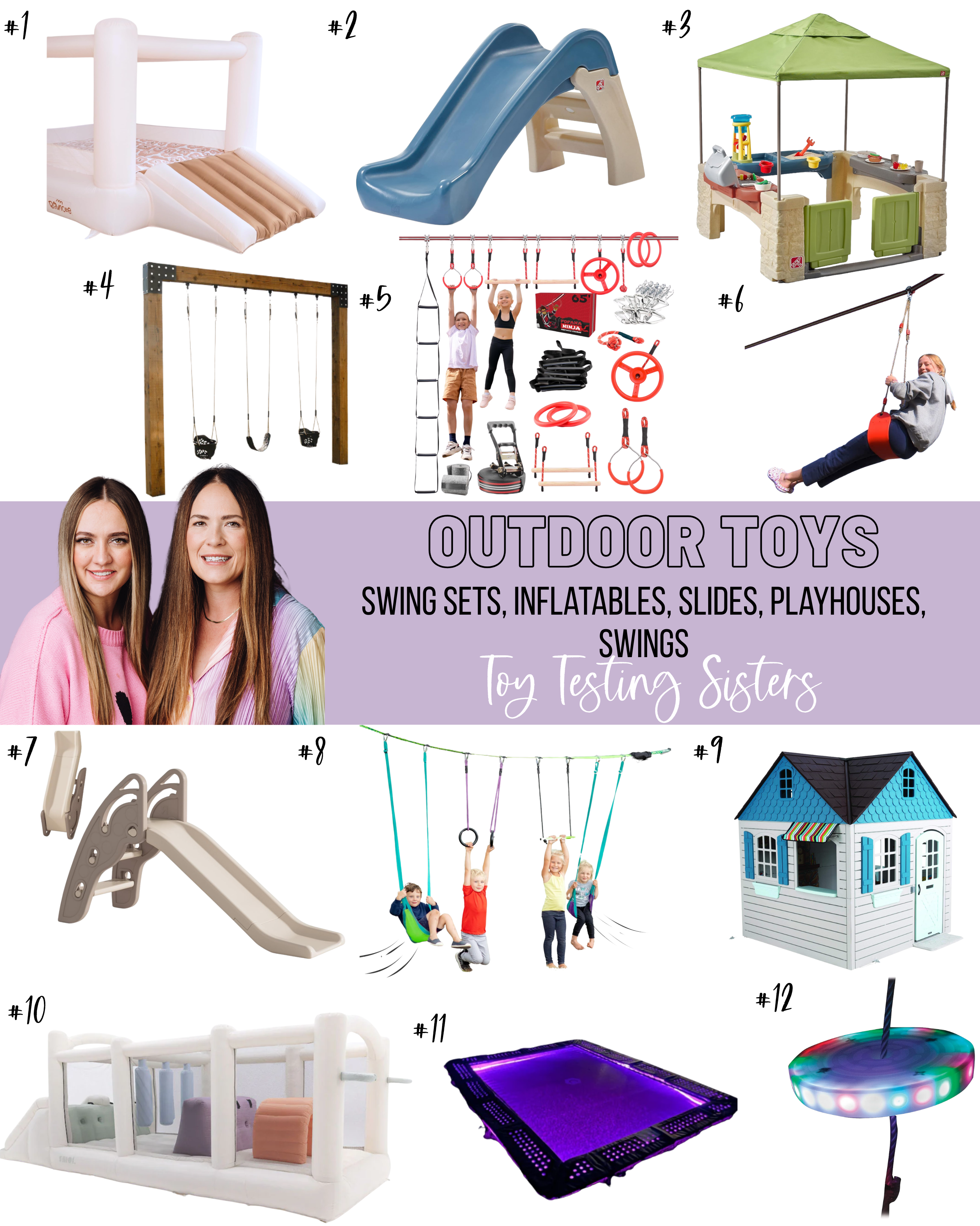 Guide filled with 35 outdoor toys like swingsets, slides, bounce houses, trampolines, hiplines, swings, and more. All tried and true favorites by the Toy Testing Sisters.