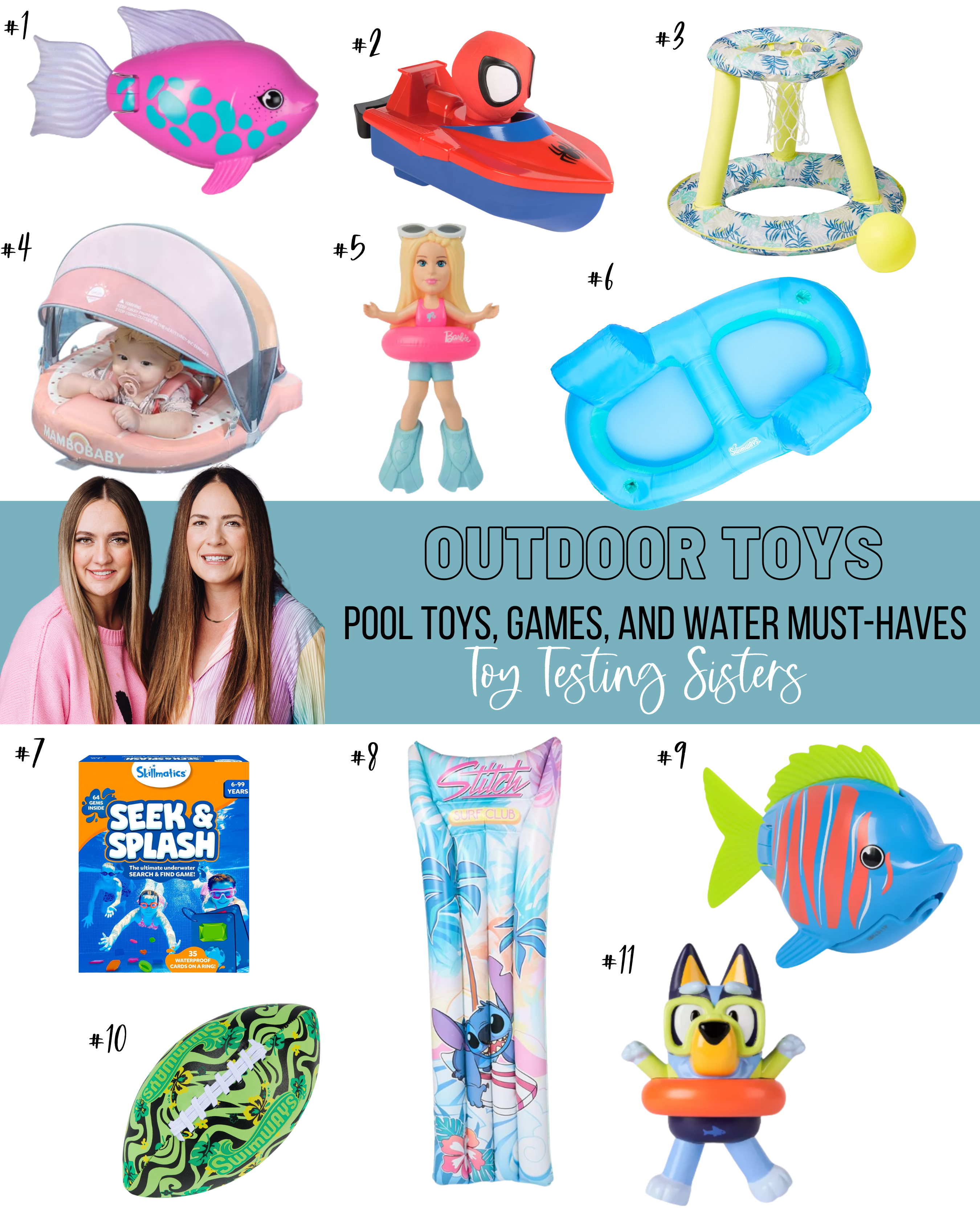 Outdoor water toys, including floats, dive toys, and splash accessories set up for a fun pool party.
