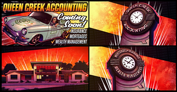 A set of four banners advertising the construction of a new office for the company 'Queen Creek Accounting.'