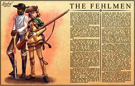 A descriptive illustration of the Fehlmen, one of the playable races in Freeland: New Unity. The man is dressed like a farmer and the woman is dressed like a longhunter.