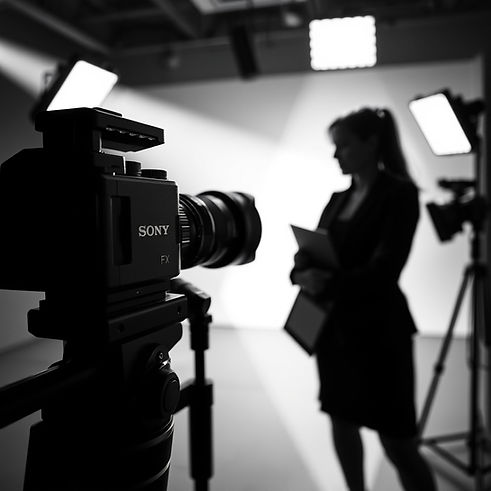 A black and white image of a Sony FX camera with the lens pointing towards a filming a fe