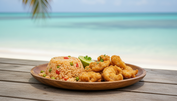 Eye-level view of a plate of cracked conch with peas and rice by the beach