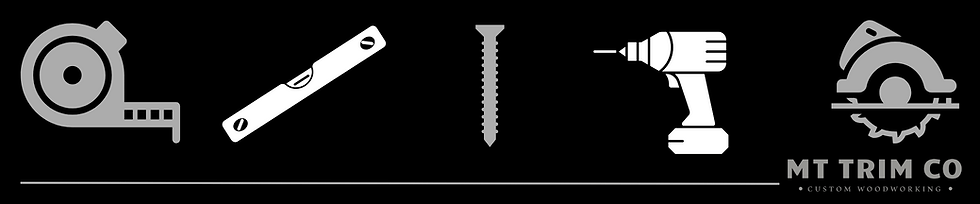 Tape measure, level, screw, drill and circular saw icons on a gray background. Text: MT TRIM CO, Custom Woodworking. Black and white design.