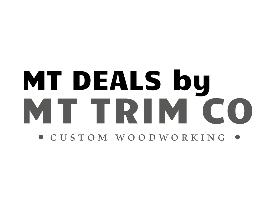 Text logo reads "MT DEALS by MT TRIM CO • CUSTOM WOODWORKING •" in black and gray on a white background. Bold and sleek design.