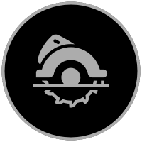 A black circular saw on a gray background. The saw is stylized in a simple, minimalist design.