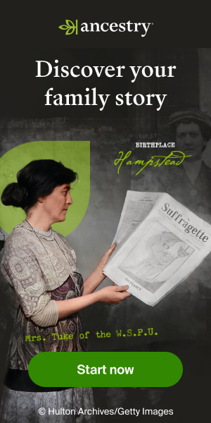 Ancestry Ad. A historical woman is looking at a newspaper article. Text reads: Discover your family story. Start Now.