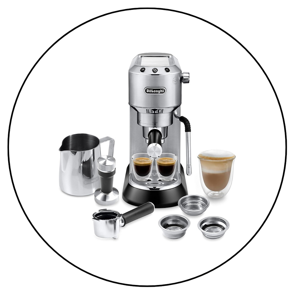 Silver espresso machine with two cups of coffee, milk frother, filter holder, and milk jug. The brand "De'Longhi" is visible.