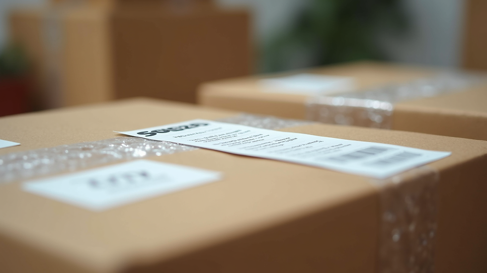 Close-up view of a parcel with shipping labels ready for delivery