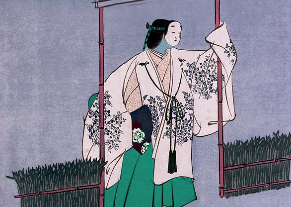 Ilustración Japonesa de una mujer con vestimentas tradicionales y máscara kabuki bajo un marco de bambú. Tonos violeta y verde-azulado