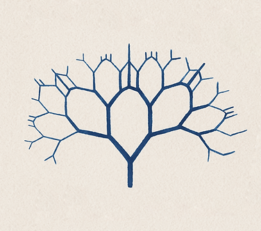 Ilustración minimalista en color azul sobre fondo de papel color arena, de un árbol 