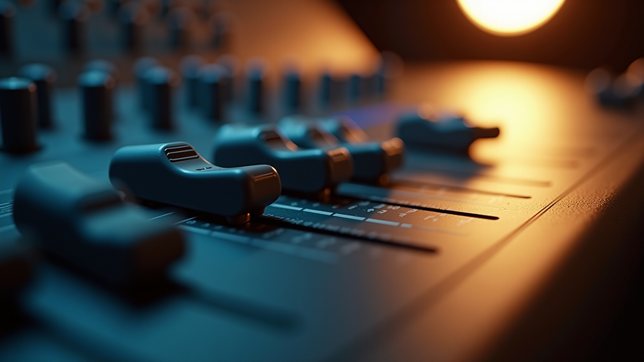 Close Up, primerísimo primer plano de los canales de una mesa de sonido 