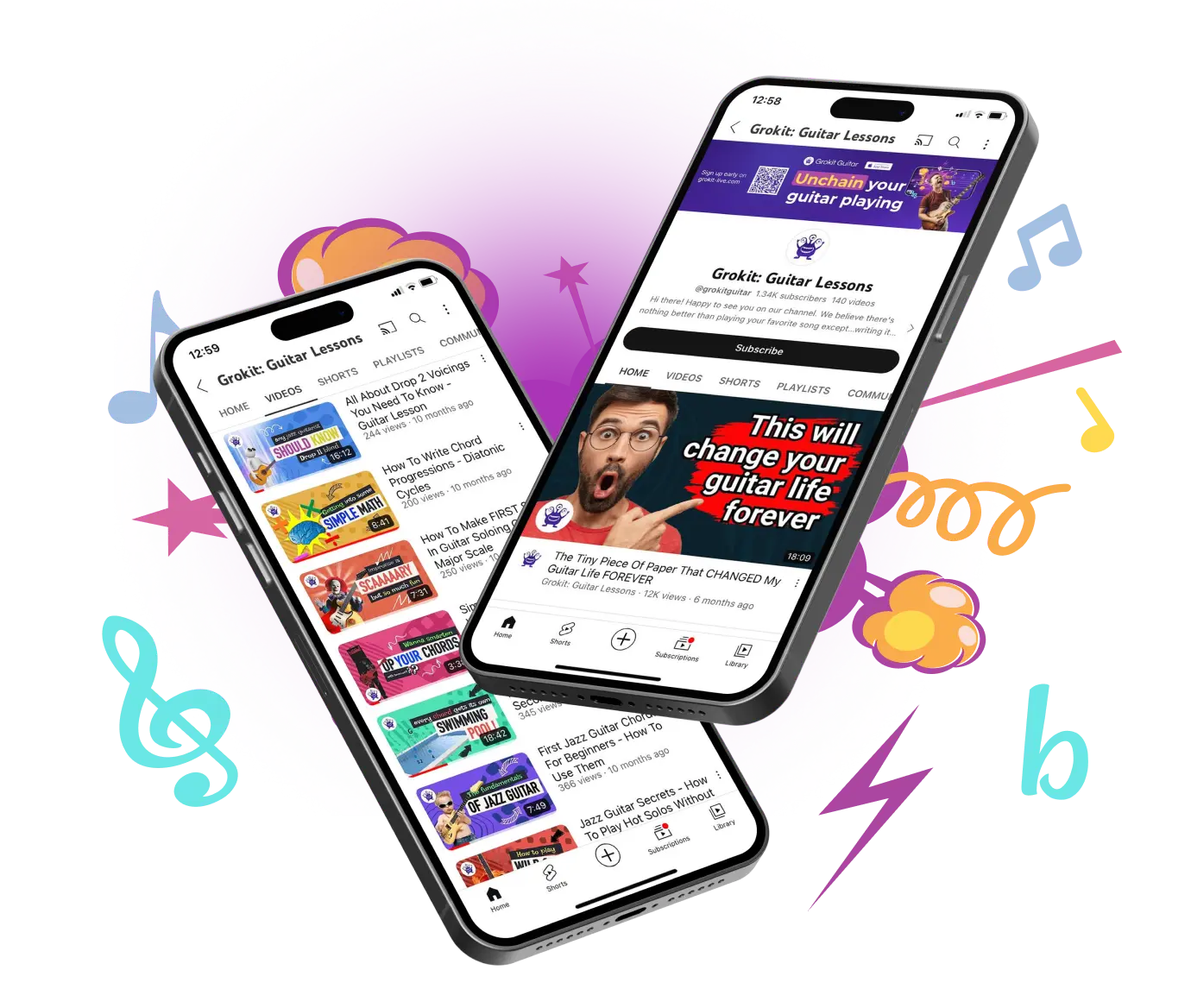 Free guitar lessons - Smartphones with the Youtube channel screen - Grokit Guitar