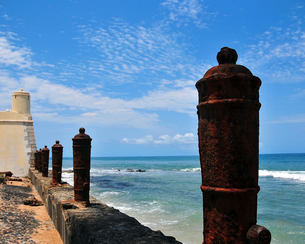 São Tomé. Fort of St. Sabastian, line of Portuguese bronze cannons and the Ocean by mtcurado from Getty Images Signature.