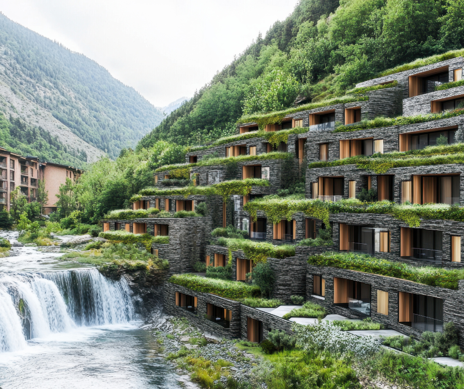 A wellness resort tucked into the hills, by a waterfall.