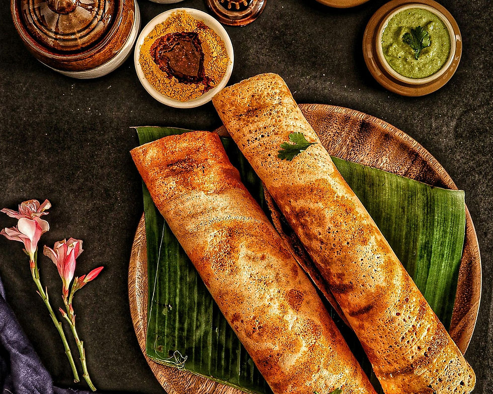 A pair of masala dosas on a wooden plate with chutneys. This preparation hails from states of Karnataka and Tamil Nadu