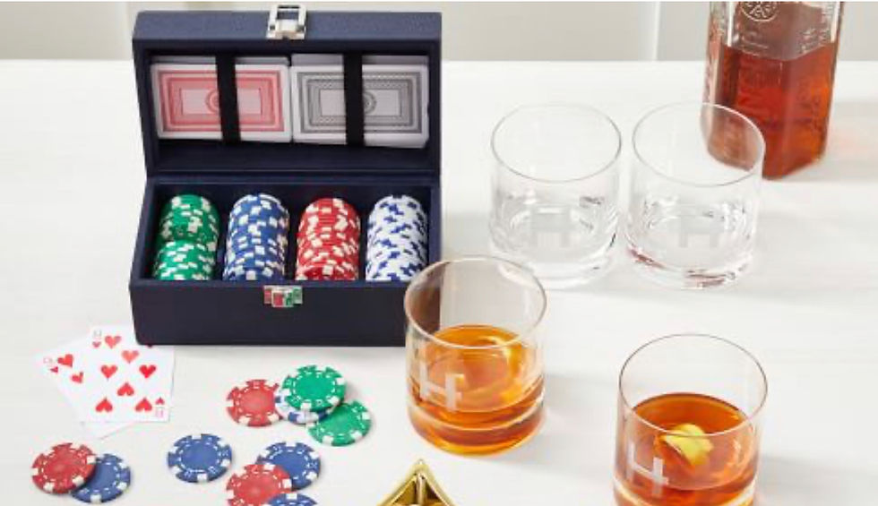 Game Night Gift Set w/ Poker Themed Bowls, Poker Set and Old Fashioned Glasses