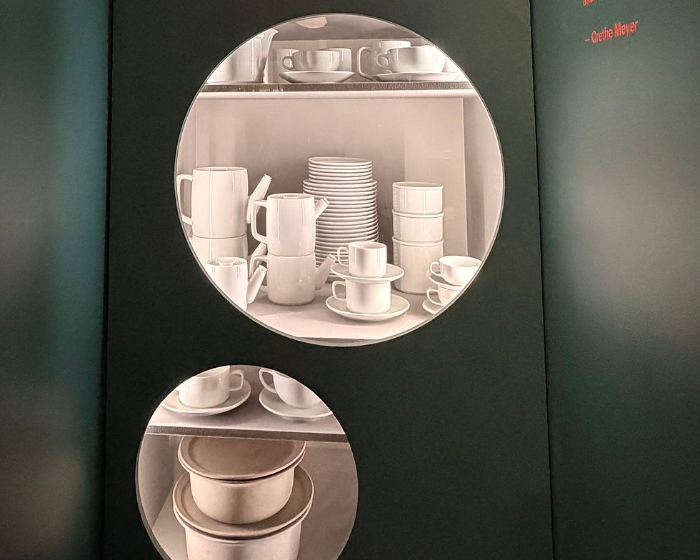 A display for Grethe Meyer's white tableware at the Design Museum in Denmark