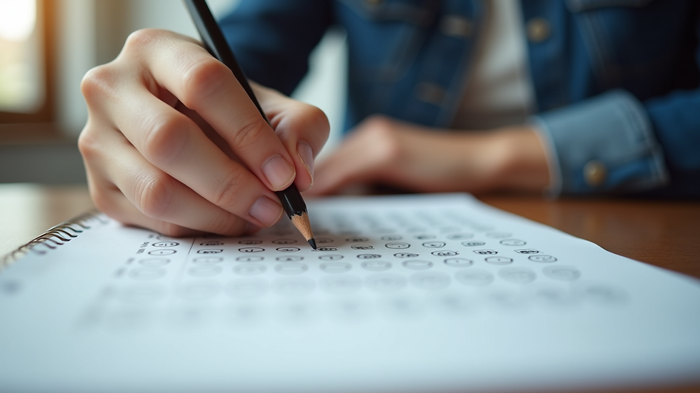 Close-up view of a person taking a practice exam with a pencil and paper