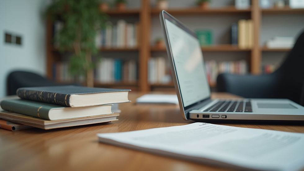 Eye-level view of a study desk with real estate books and a laptop