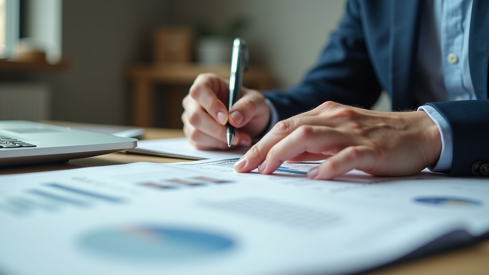 Close-up view of a person taking notes while studying real estate materials