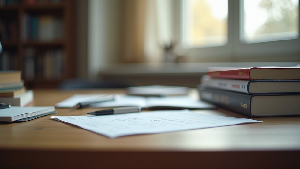 Eye-level view of a study desk with real estate textbooks and notes neatly arranged